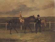 Harry Hall, Mr J B Morris Leading his Racehorse 'Hungerford' with Jockey up and a Groom On a Racetrack